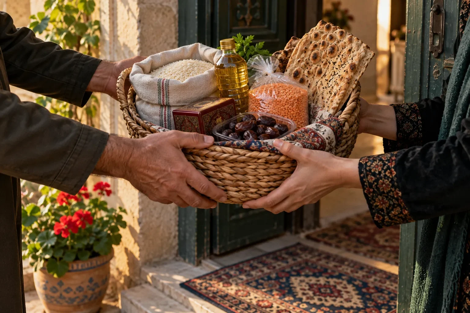 سبدی پر از برنج، روغن، عدس، چای و نان سنگک که دست‌به‌دست می‌شود