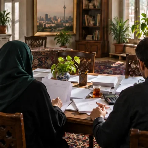 دو نفر از تیم نیک‌یار پشت میزی پر از برگه و پرونده، با استکان چای و ماشین‌حساب
